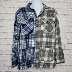 NWOT Boohoo Man Shirt Mens Size Large Flannel Gray Blue Plaid Button Down